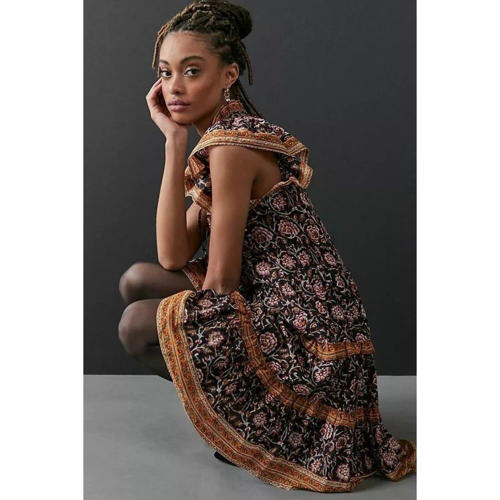 Anthropologie Almeria Ruffled Mini Dress By Othilia Cotton Black/Floral Print - Picture 3 of 13
